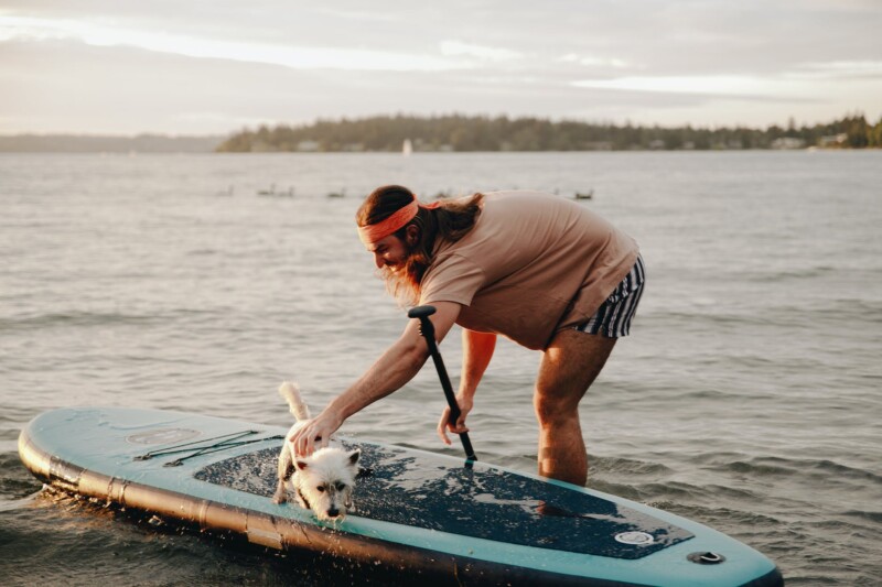a man touching his dog on the paddle board, Surrey, UK